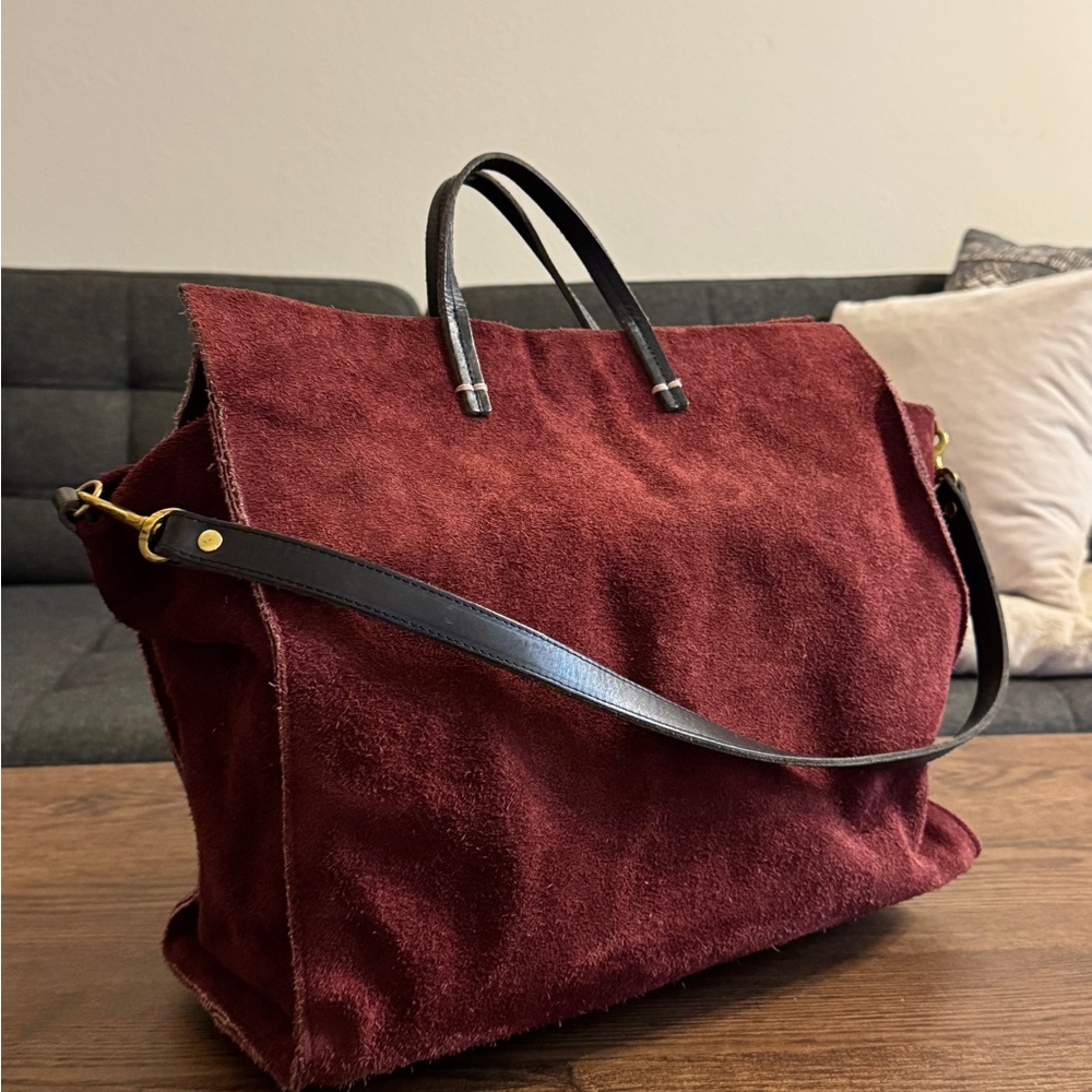 Clare V Burgundy Suede Tote with Black Accents